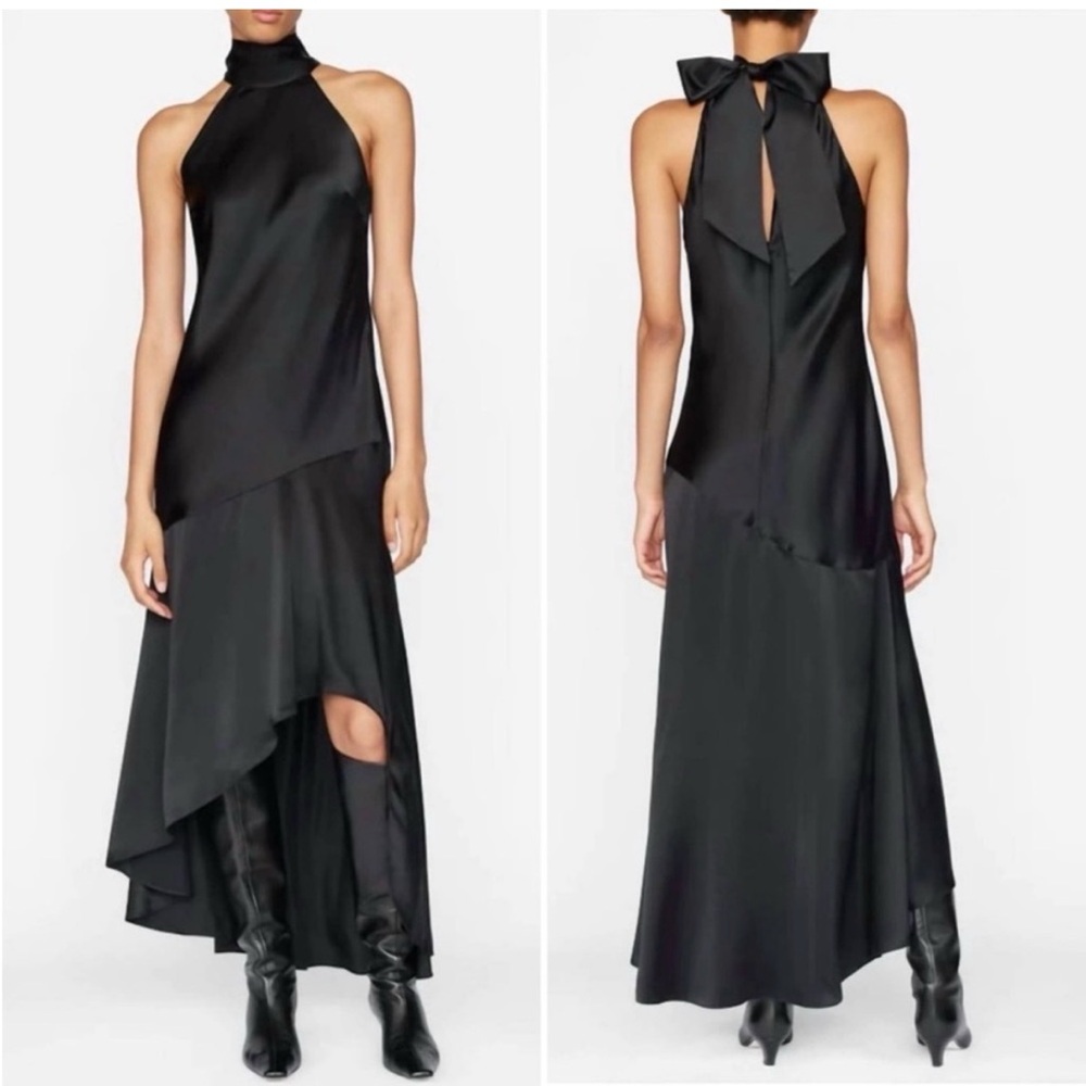 Frame DRAPED NECK-TIE HALTER DRESS Size XS Black